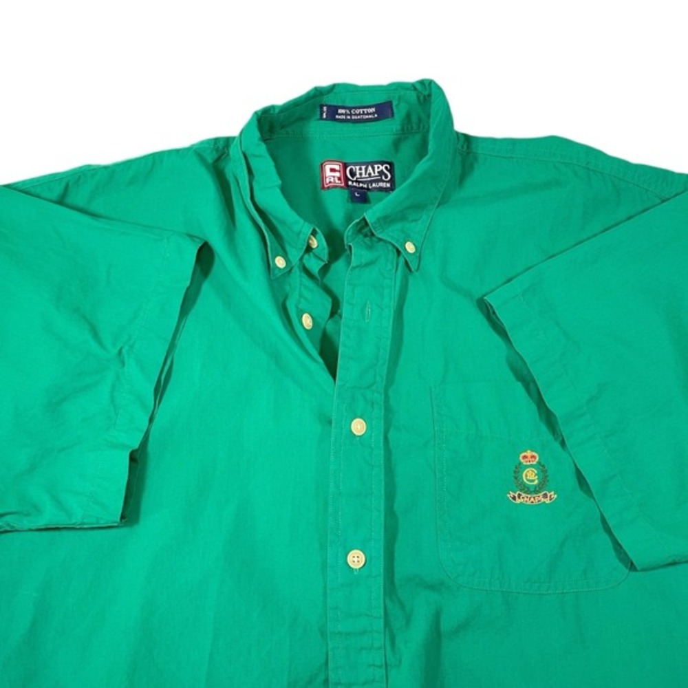 Chaps Ralph Lauren L Green Button Down Shirt Crest‎ Logo Short Sleeve Preppy Ivy